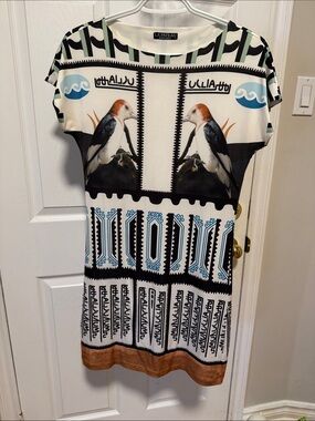 La Pateau Bird Print Shift Mini Dress in White, Black & Blue